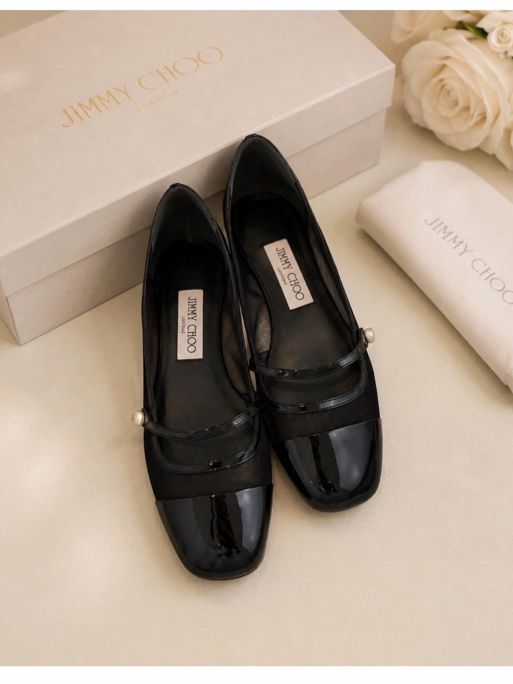 Jimmy Choo Black Patent & Suede Mary Jane Flats with Pearl Button